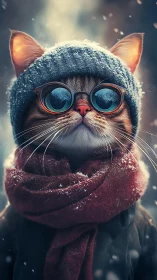 Feline Subject in Winter Attire with Reflective Eyewear.