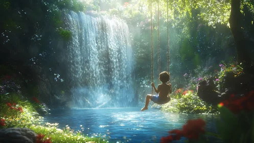 Waterfall swing dreamscape with sunlit child at blue lagoon.