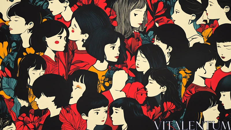 Stylized Portrait Collage of Women with Bold Floral Patterns.