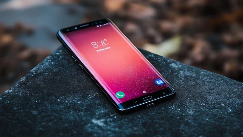 Gradient Display Mobile Device on Weathered Stone Surface.