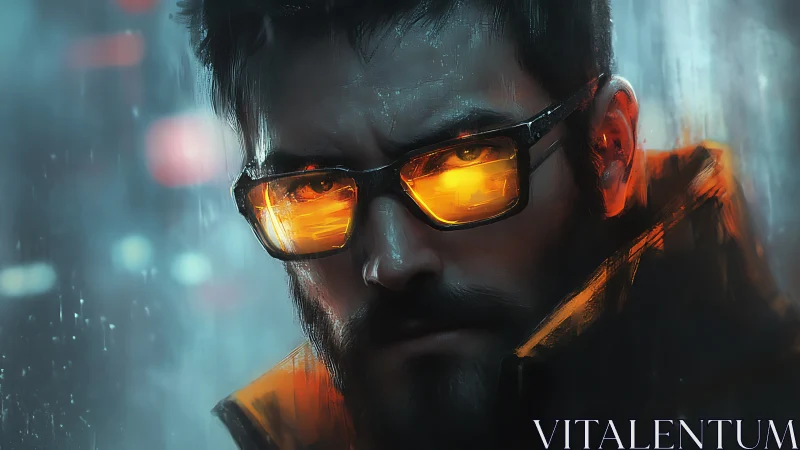 Neon-slick rain sparks firelight reflections in his glasses