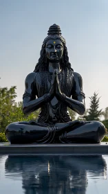 Serene black Shiva statue in meditation beside reflecting pool.