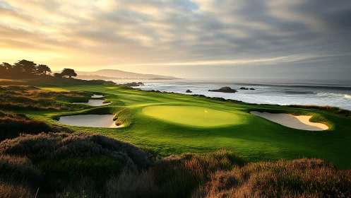 Oceanfront golf green glows beneath a drifting sunset sky.