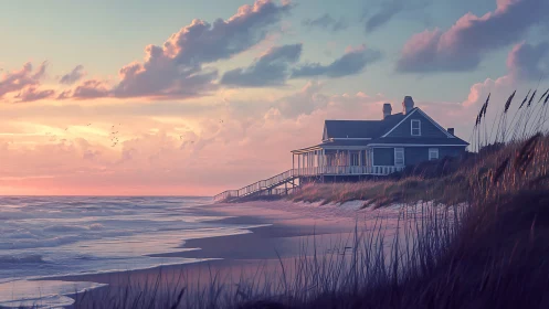 Quiet seaside cottage wrapped in soft pastel twilight light.