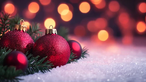 Red spherical ornaments rest on snow with out of focus lights