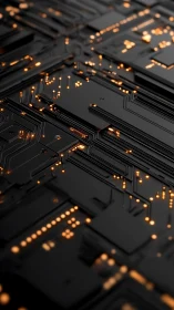 Black circuit board surface with glowing orange traces.