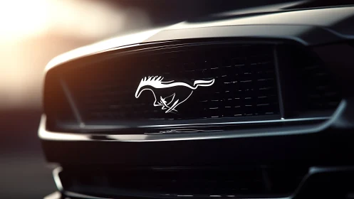 Chrome horse emblem centered on black car front grille