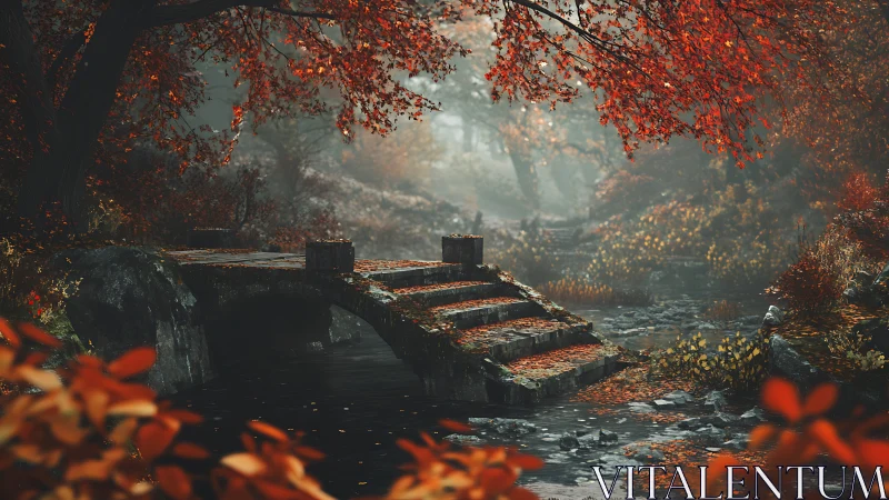Stone bridge beneath crimson autumn canopy in misty forest.