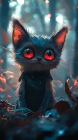 Enchanted big-eyed cat stands in glowing forest twilight.