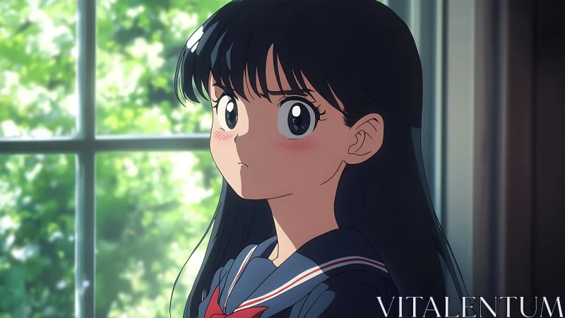 Softly lit anime schoolgirl gazing out a sunlit window.
