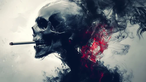 Smoking skull dissolving into dark and crimson smoke clouds.