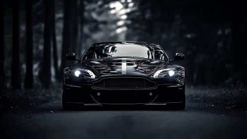 Glossy black sports car glows on a shadowy forest road.
