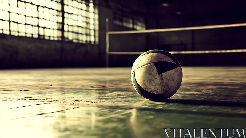 Worn volleyball resting on indoor court under low light.