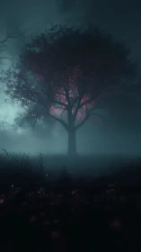 Enchanted lone tree glows softly within a misty forest night.