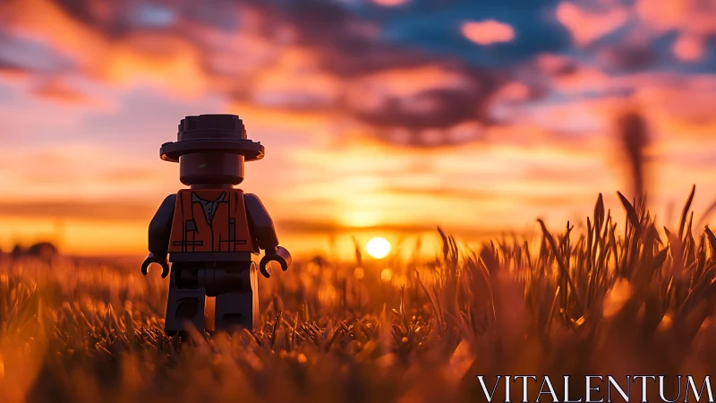 Tiny wanderer greets a molten sunset across toy highlands
