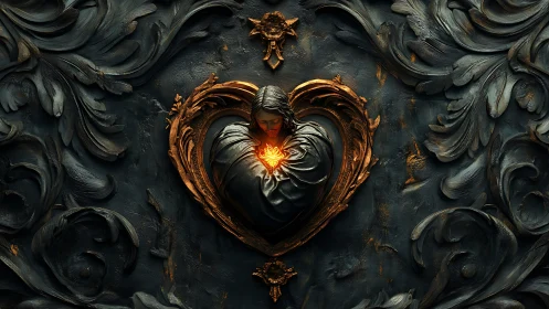Gilded Sacred Heart Sculptural Relief with Luminous Radiant Core