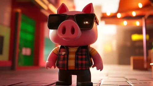 Stylized pig character stands in urban street environment