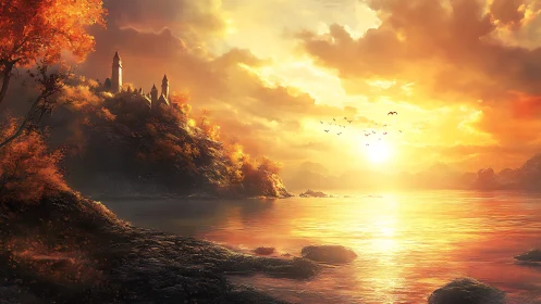 Castle crowns forested hill above lake at fiery sunset