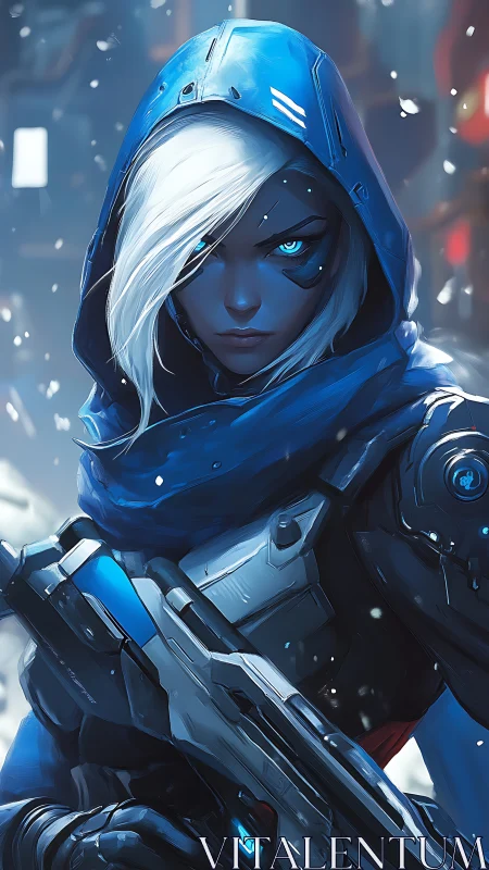 Cyberpunk sniper operative in arctic tactical exosuit portrait.