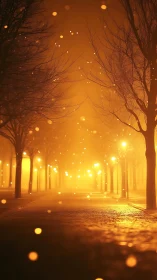 Foggy winter alley with glowing bokeh streetlights at night
