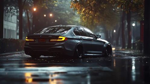Low BMW sedan idles on wet city street under foggy lamps