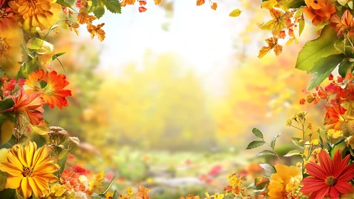 Autumn floral border framing soft-focus garden background.
