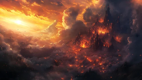Apocalyptic Fortress Under Fiery Sky.