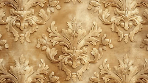 Ornate gold baroque floral relief pattern on aged wall.