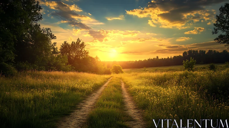 Rural dirt path leading into bright sunset over fields.