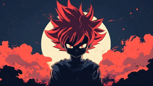 Red haired anime boy silhouette stands before full moon