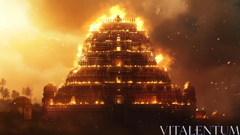 Tiered stone temple engulfed in structured perimeter fire at dusk