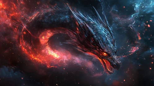 Cosmic inferno serpent coils through stormlit stardust sky.
