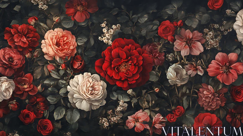 Opulent Garden Symphony: Crimson Roses Dancing with Cream Blossoms