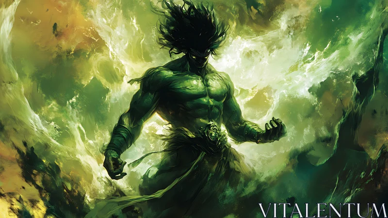 Green elemental warrior emerges from swirling cosmic storm.