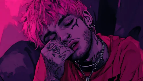 Neon-lit portrait of tattooed youth rendered in digital noir