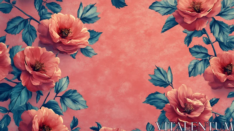 Coral Peonies Against Teal Foliage: Botanical Symmetry Study.