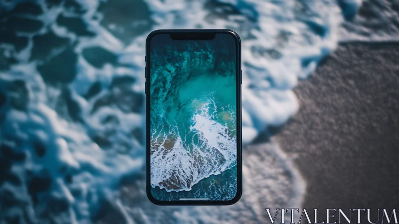 Smartphone screen aligns precisely with ocean surf perspective