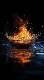 Fire and water collision ignites dynamic explosion centered in black void.