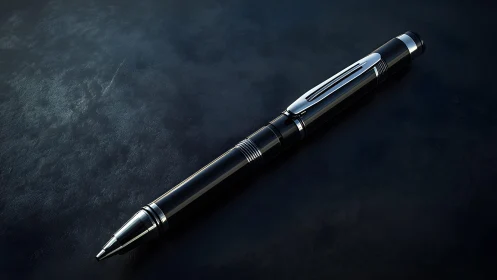 Elegant black fountain pen on textured dark surface, modern style.