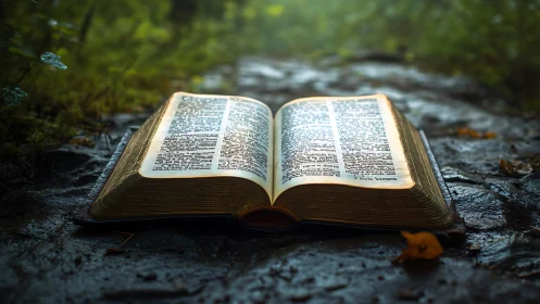 Illuminated open bible on wet stone path in forest clearing