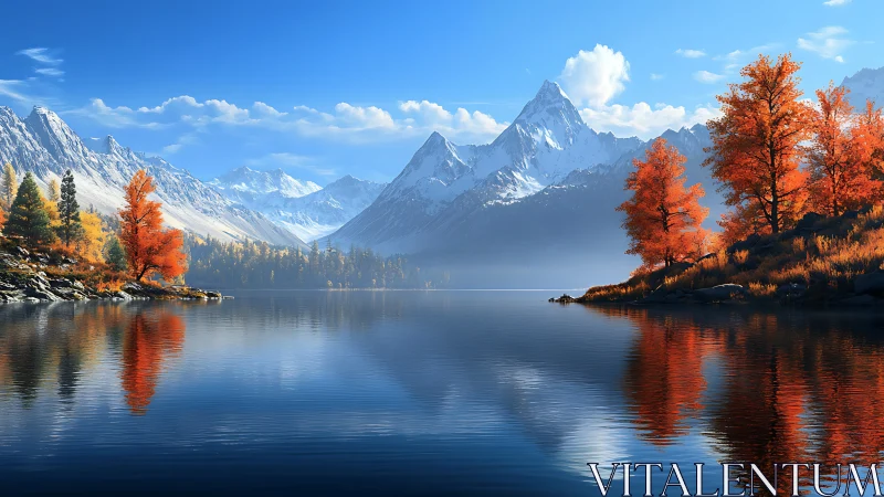 Crimson autumn shoreline reflecting beneath icy peaks.