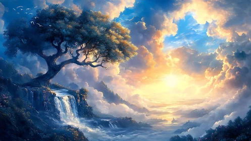 Solitary cliff tree overlooks radiant sunrise above clouds