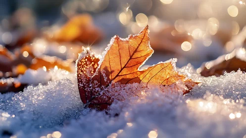 Backlit frosted maple leaf in snow with golden bokeh glow.