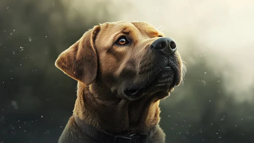 Golden dog gazes upward in soft glowing forest light