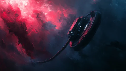 Orbital tether ring station against crimson nebular storm