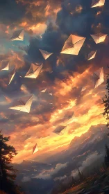 Paper kites over mountainous valley beneath sunset sky.