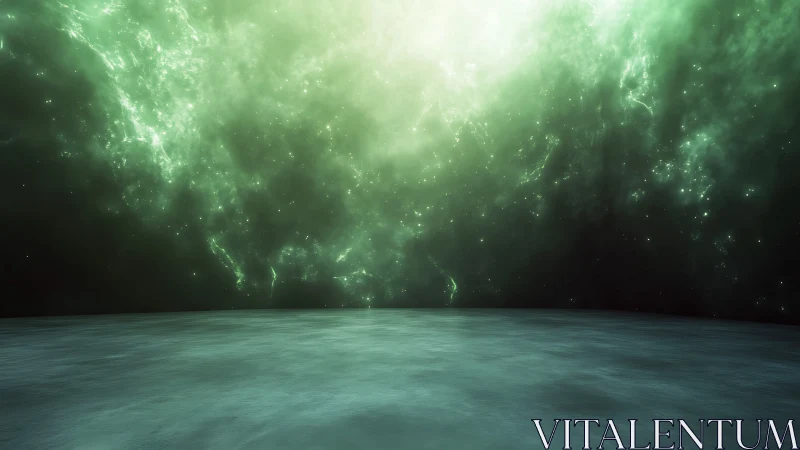 Green nebula sky above smooth alien surface horizon.