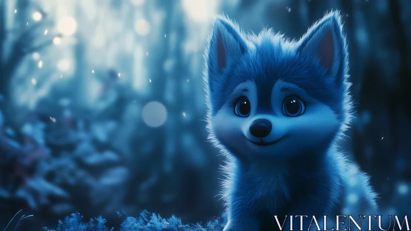 Blue cartoon fox sits in soft focus forest at night