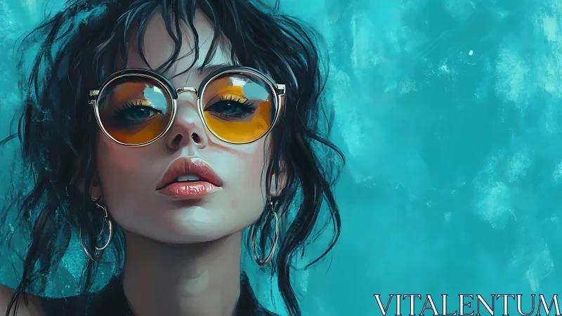 Bold woman in amber sunglasses against vivid teal backdrop.