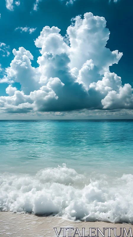 Towering cloudscape rises above tranquil turquoise sea.
